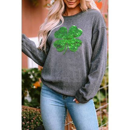 Gray Sequin St Patrick Clover Patch Corded Sweatshirt