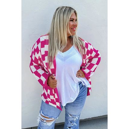 Bonbon Checkered Pattern Open Front Plus Size Cardigan