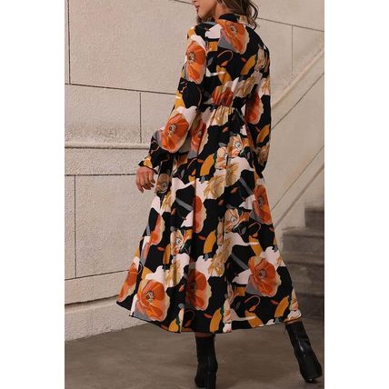 Orange Floral Print Tie Neck Long Sleeve Dress