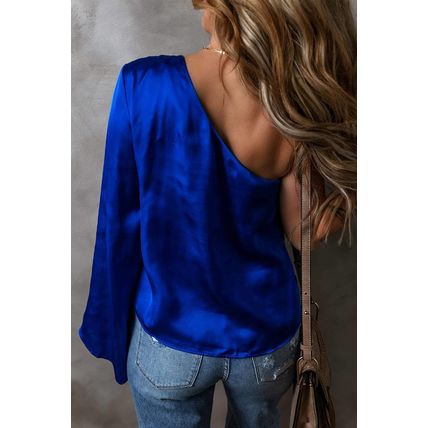 Dark Blue Asymmetric One Shoulder Bell Sleeve Satin Blouse