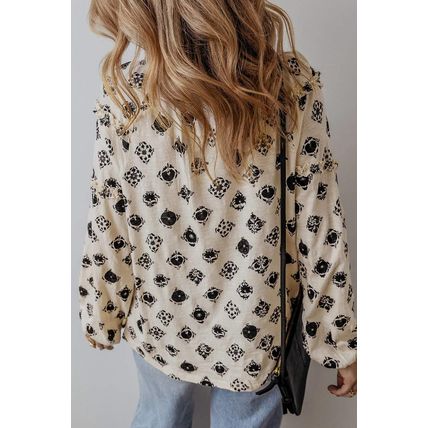 White Printed Split Neck Bubble Sleeve Loose Blouse