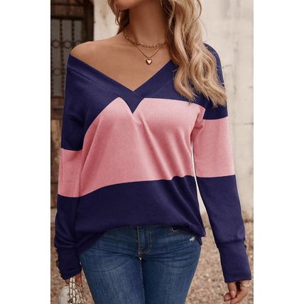 Blue Stripe Colorblock Button Decor Long Sleeve V Neck Top
