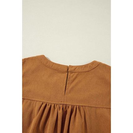 Desert Gold Corduroy Pleated Puff Sleeve Shift Short Dress