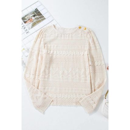 White Geometric Lace Buttoned Decor Long Sleeve Blouse