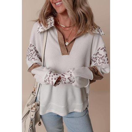 White Leopard Patchwork Turn-down Collar Waffle Top