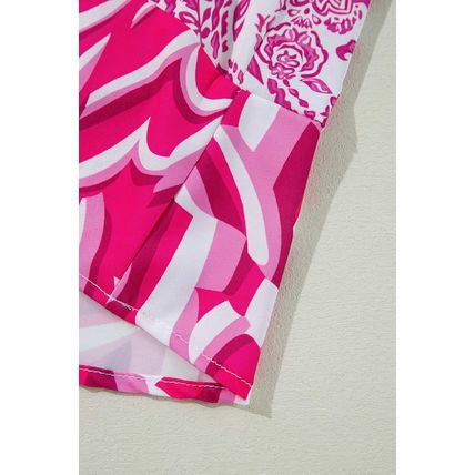 Rose Bohemian Print Puff Sleeve Tied V Neck Flared Mini Dress