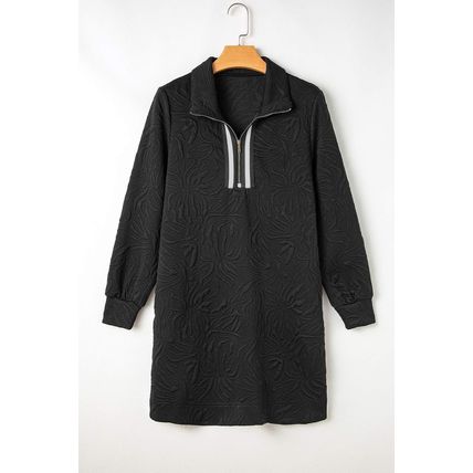 Black Jacquard Textured Quarter Zipper Shift Mini Dress