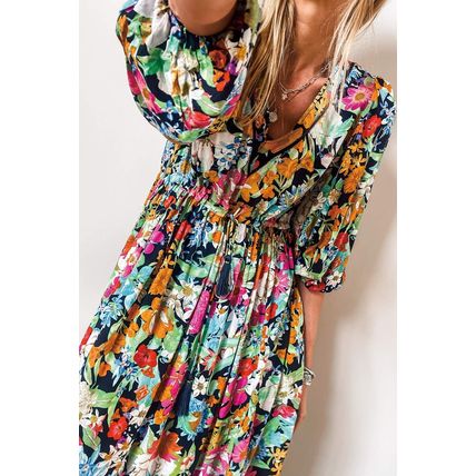 Green Floral Puff Sleeve V Neck Tassel Drawstring Dress