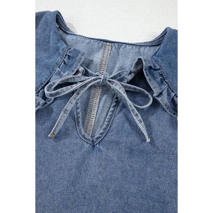 Dusk Blue Ruffled Collared Side Pockets Puff Sleeve Denim Mini Dress