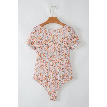 Orange Short Sleeve Floral Ruched Sweetheart Bodysuit