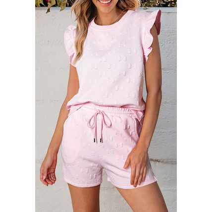 Pink Bow Jacquard Ruffle Sleeve Short 2pcs Outfit