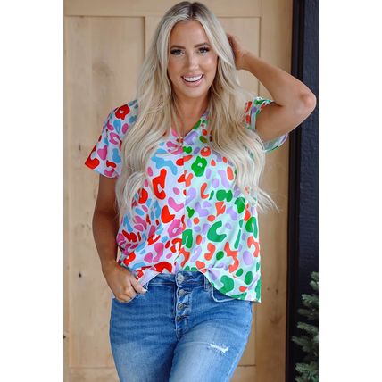 Green Contrast Leopard Print V Neck Short Sleeve Blouse