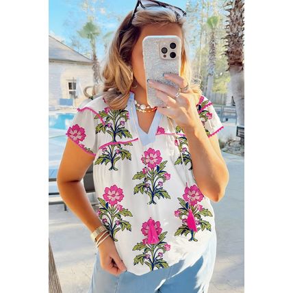 Rose Vintage Floral Print Contrast Notched V Neck Plus Size Summer Blouse