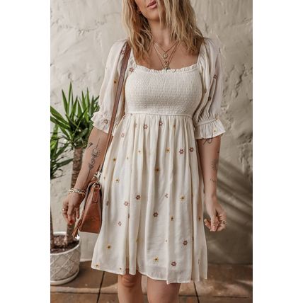 Beige Embroidered Flower Smocked Bust Half Puff Sleeve Empire Waist Textured Flo