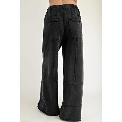 Black Mineral Wash Exposed Seam Drawstring High Waist Wide Leg Cargo Pants