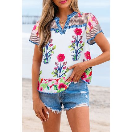 Pink Floral Striped Patchwork Short Sleeve Split Neck Blouse