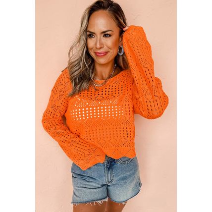 Carrot Solid Color Open Crochet Scallop Edge Sweater
