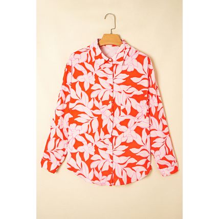 Orange Botanical Print Single Chest Pocket Button Up Shirt