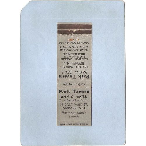 New Jersey Newark Matchcover Park Tavern Bar & Grill 12 East Park St~3246