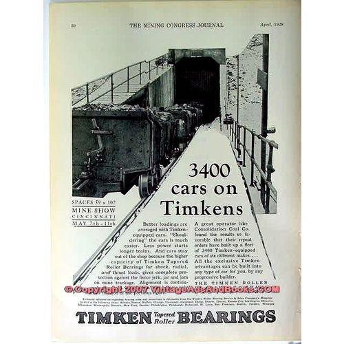 TIMKEN ROLLER BEARING COMPANY 1928 coal mine cars vintage ad