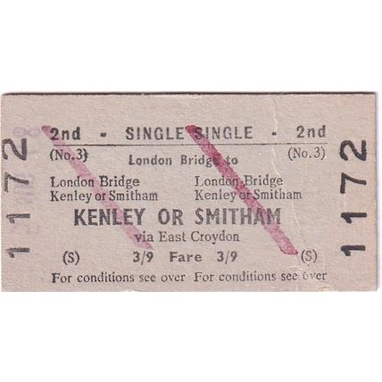 LONDON BRIDGE - KENLEY SMITHAM 1968 British Railways Board Ticket BRB 1172
