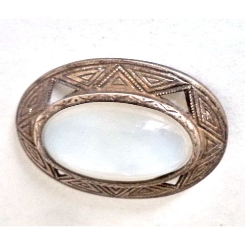 Antique Art Deco Sterling Silver Brooch Pin Engraved White Moonstone Oval Brooch