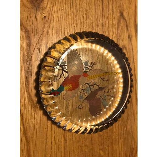 Ball Brand Glass Paper Weight with Pheasants, Fluted Edge