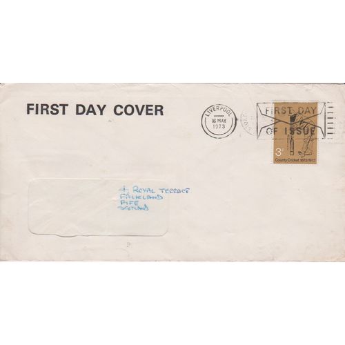 GB 1973 FDC Cricket single stamp with Liverpool postmark