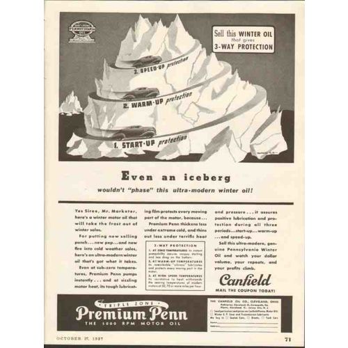 CANFIELD OIL COMPANY 1937 iceberg 3-way protection winter vintage ad