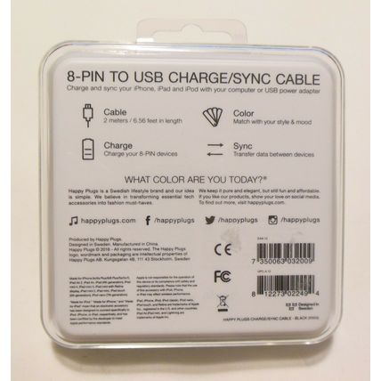 Happy Plugs 8-PIN Charge/Sync Cable for iPhone, iPad & iPod (Black)