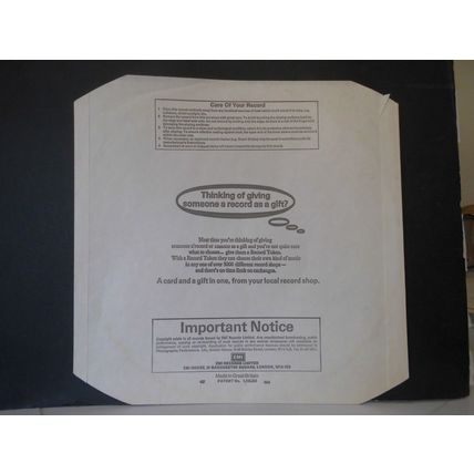 12" EMI RECORD INNER,THINK BUBBLE. IMPORTANT NOTICE, CODE 437 683 EXCELLENT