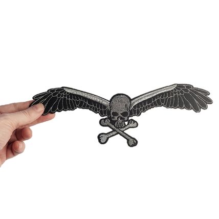 Iron On Patch Winged Skull Embroidered Silver Sew Biker Punk Rock 26 x 10cm P692