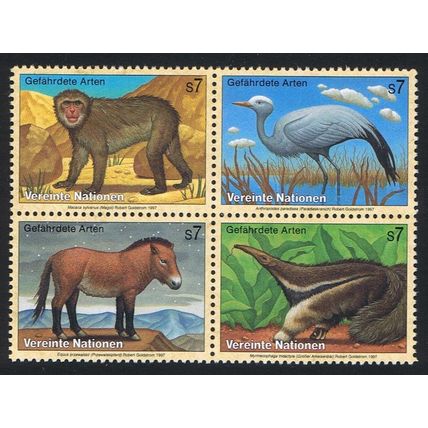 UN Vienna Birds Ape Stork Horse Anteater 4v Block of 4 1997 MNH