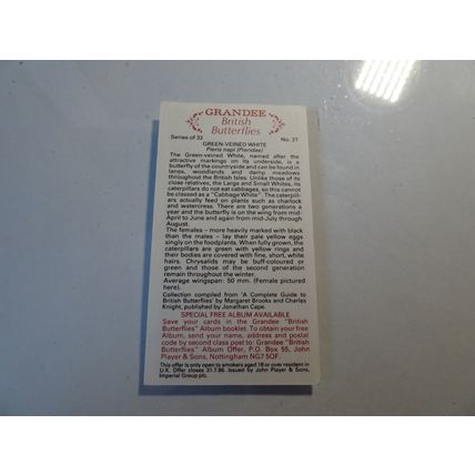 1983 Grandee British Butterflies Card # 27 of 32 Green-Veined White Ex (5)