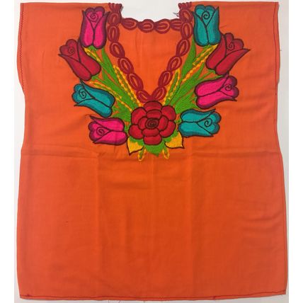 Multicolor Roses Bouquet Embroidered Cotton Canvas Orange Blouse Chiapas Mexico