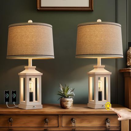 23.75" Retro Farmhouse USB C+A Ports Table Lamp Set of 2 with 3 Way Dimmable Tou