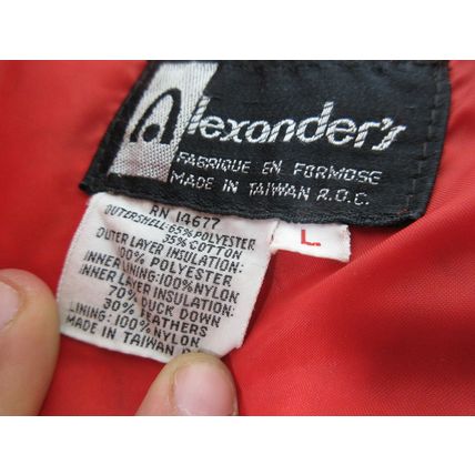 Vintage Alexander's Down Vest Large Cotton Polyester Blue Red Zip Snap Pockets