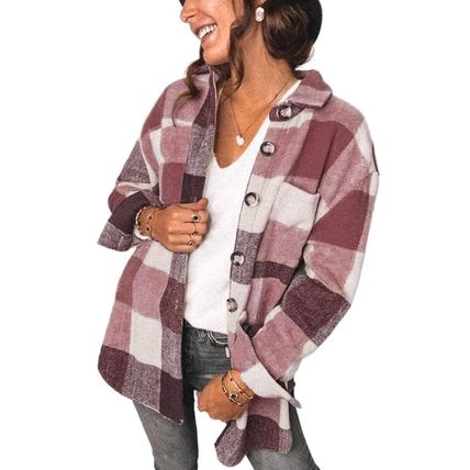Plaid Color Block Buttoned Long Sleeve Jacket with Pocket