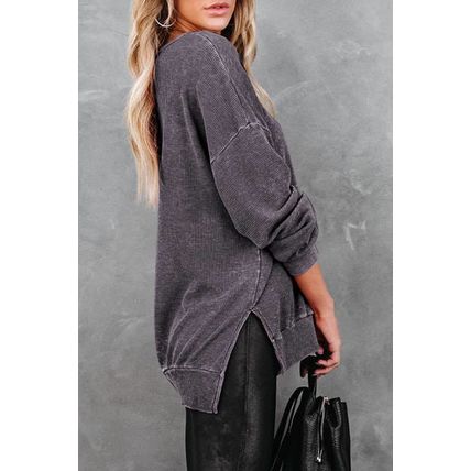 Gray Waffle Knit Side Slit Pullover Top