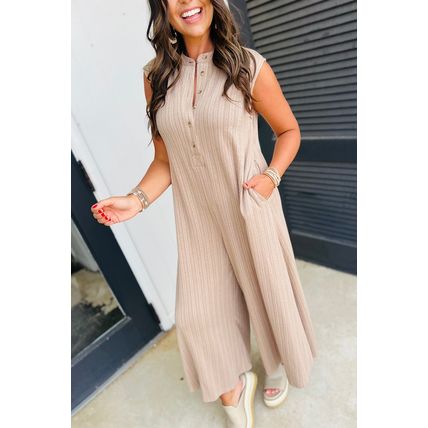 Smoke Gray Textured Buttoned Wide Leg Sleeveless Jumpsuit