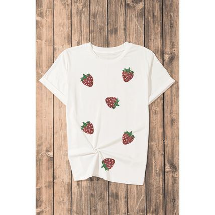 White Sequin Strawberry Patched Crew Neck T Shirt