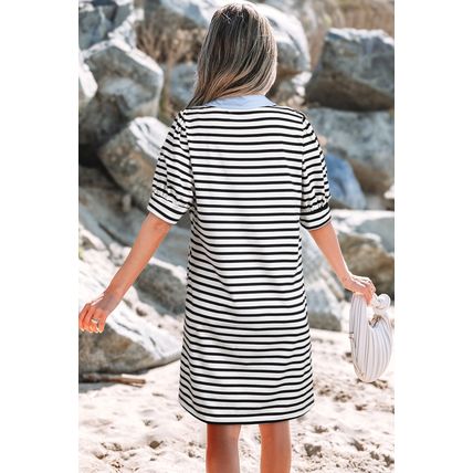 Black Stripe Contrast V Neck Collared Puff Sleeve T Shirt Mini Dress with Pocket