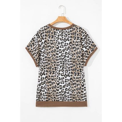 Khaki Leopard Contrast Trim Short Sleeve Loose Plus Size Top