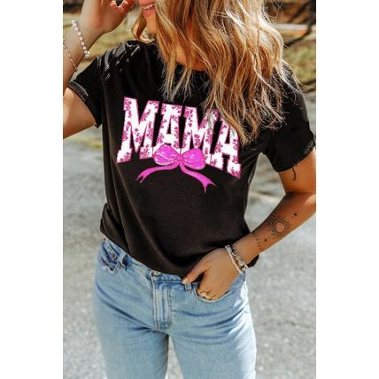 Black Floral MAMA Bow Graphic Crewneck T Shirt