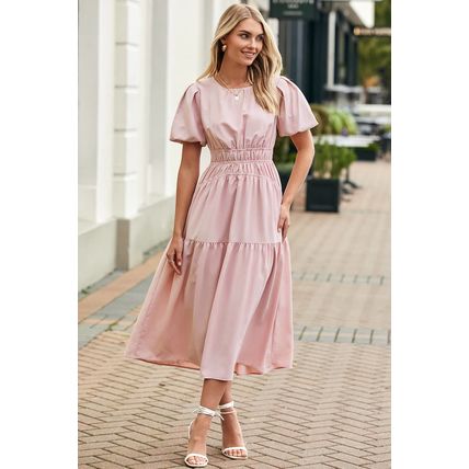 Pink Puff Sleeve Pleated High Waist Flowy Midi Dress
