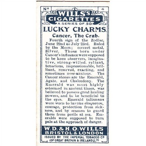 Wills Lucky Charms Card No. 04 Cancer The Crab