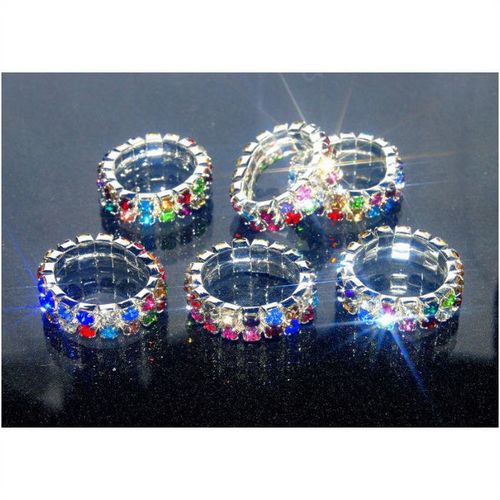 6 pcs 2 Row Wedding Party Coloured Rhinestone Stretch Rings Jewellery 1784