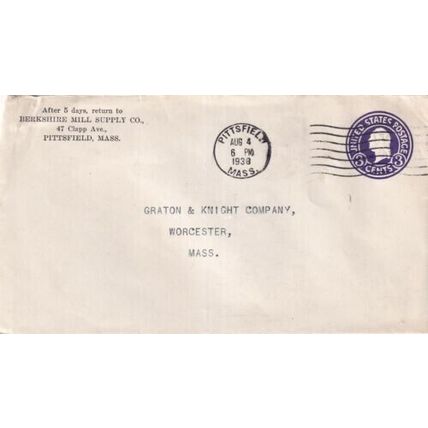 United States 1938 Berkshire Mill Supply Co.Pittsfield MASS-Worcester MAS Cover
