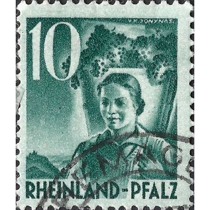 RHEINLAND PFALZ, Woman wine-making, dark green 1948, 10pf, #3