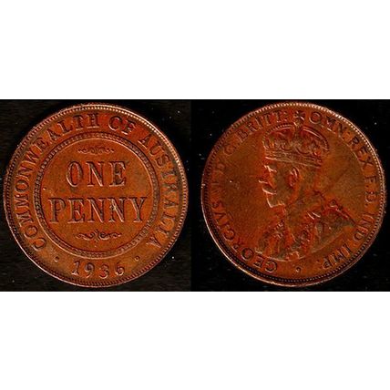 Australia One Penny 1936 Used. Coin 1d Geo V